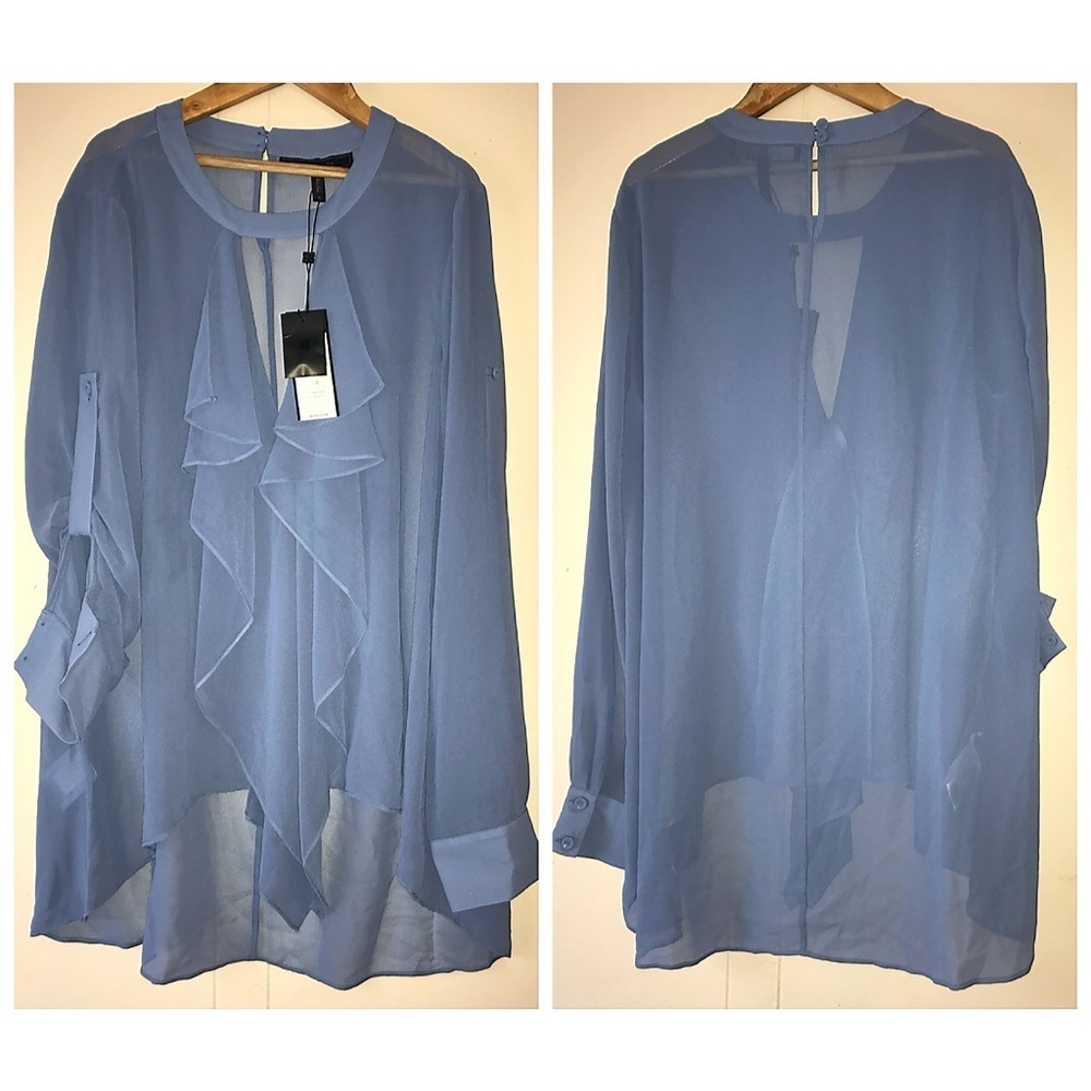 BCBGMaxAzria Sheer Ruffled Light Blue Top - Picture 2 of 8